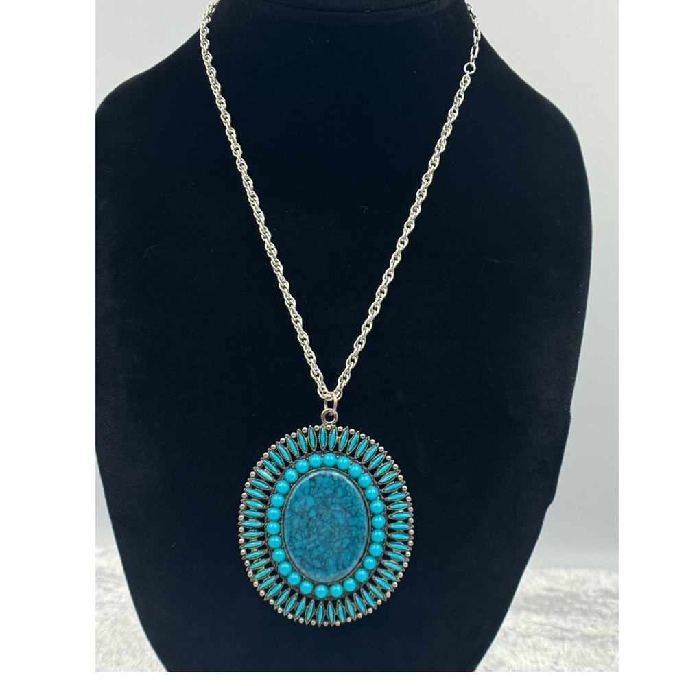 Vintage Sarah Coventry Faux Turquoise Sunburst Pendant Bold Statement Necklace‎